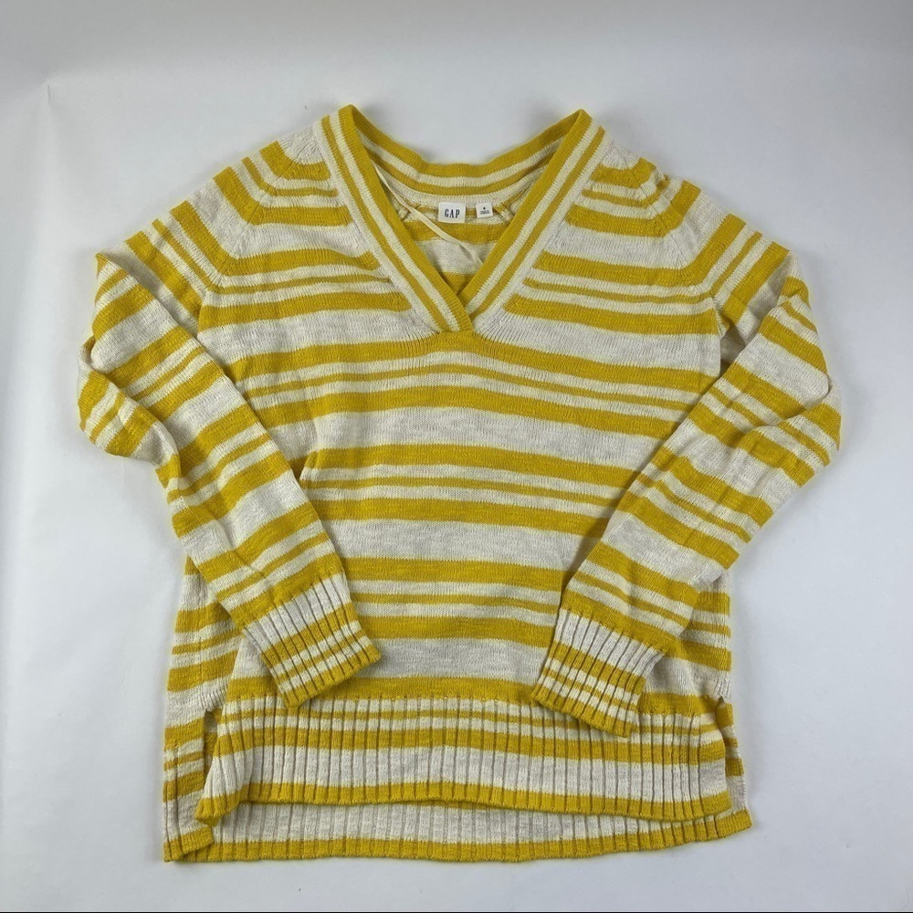 Gap Womens Sweater Vneck Yellow White Striped Side Slits Small